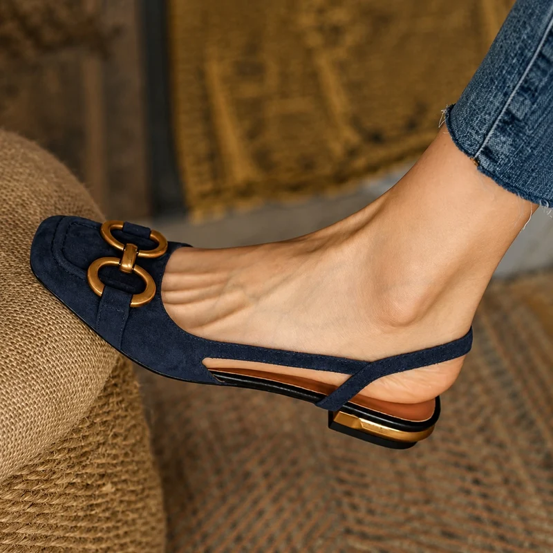 Elegant Navy Blue Low Square Heel Sandal