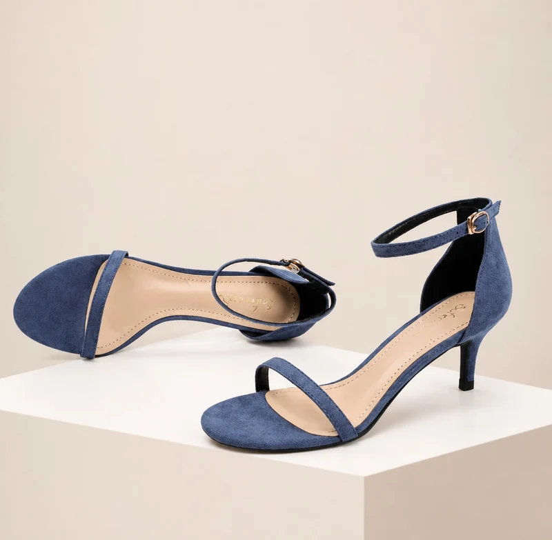 Elegant Navy Blue Heeled Sandal with Buckle Closure