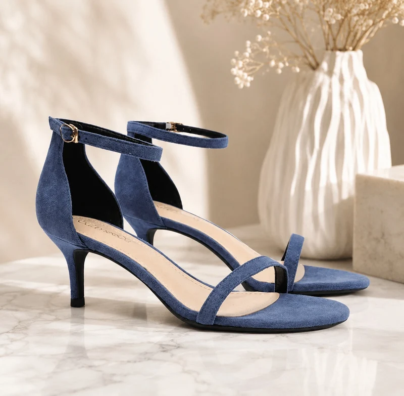 Elegant Navy Blue Heeled Sandal with Buckle Closure