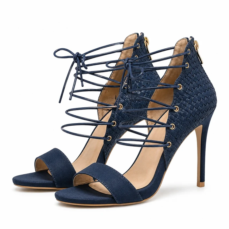 Elegant Navy Blue Heeled Sandal with Zipper Closure