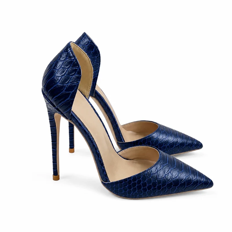 Navy Blue Heeled Sandal with Crocodile Effect Pattern