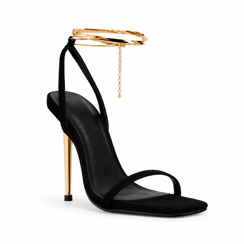 Black Gladiator Sandal with Gold High Heel