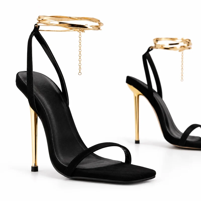 Black Gladiator Sandal with Gold High Heel