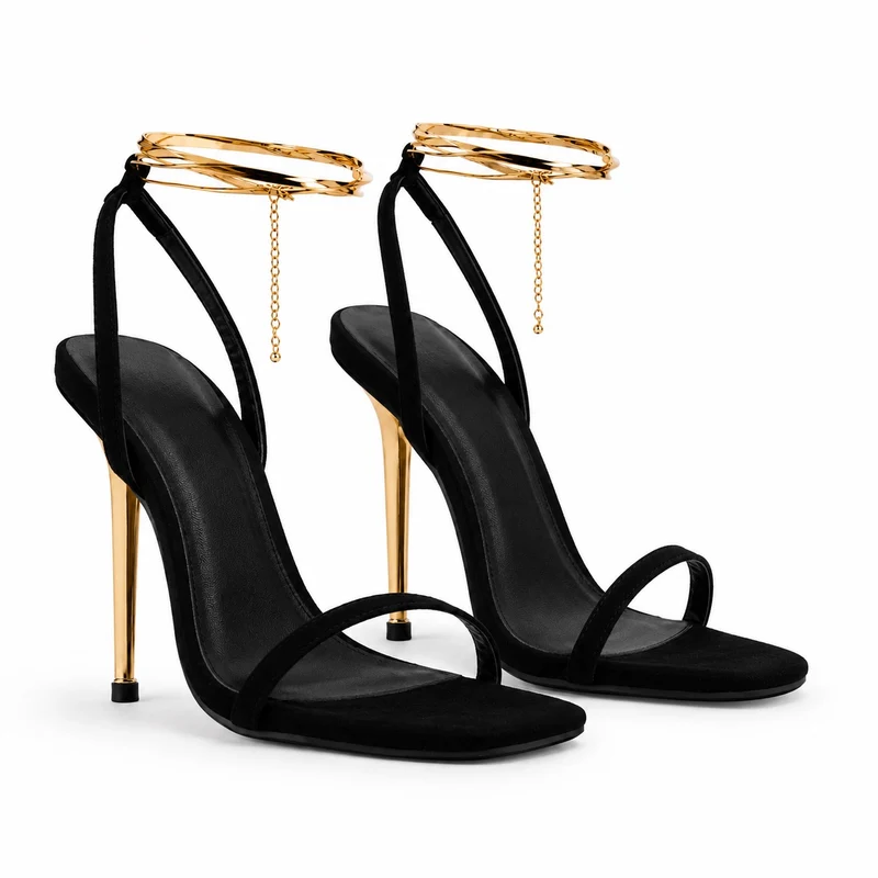 Black Gladiator Sandal with Gold High Heel