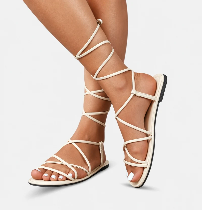 Beige Gladiator Sandal with Lace-up Closure