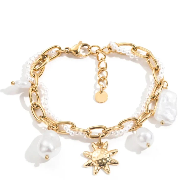 Bracelet soleil et perles blanches en acier inoxydable