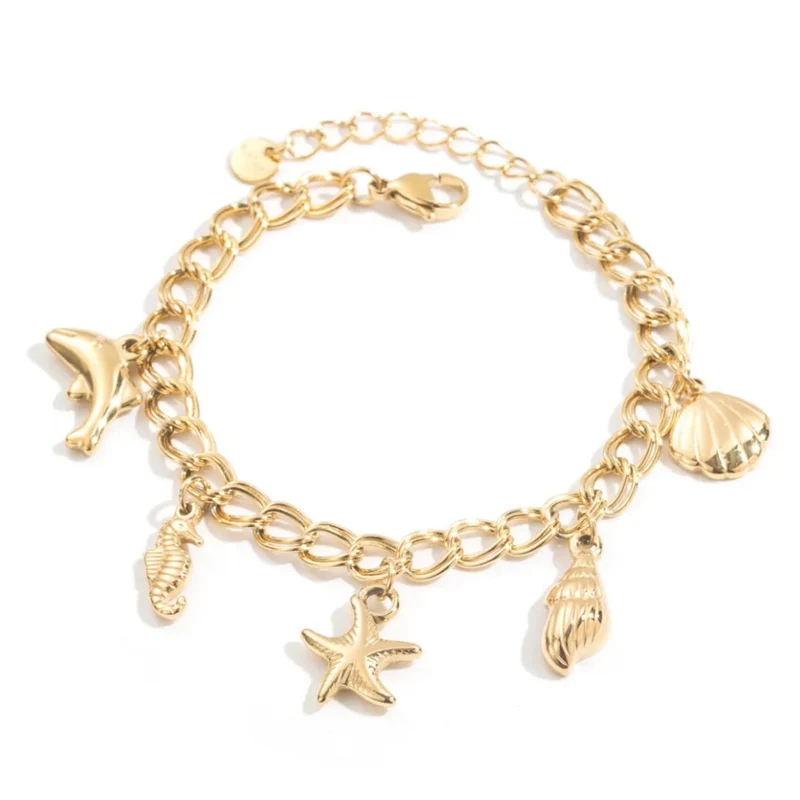Bracelet marin doré en acier inoxydable avec charms coquillages