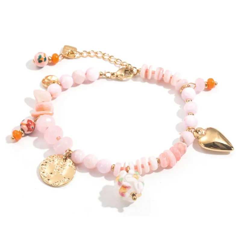 Bracelet charms perles rose et doré en acier inoxydable
