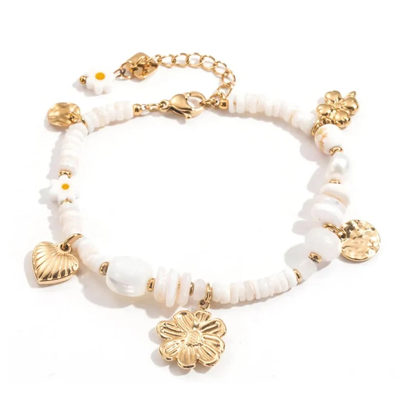 Bracelet à charms blancs perles et dorés en acier inoxydable