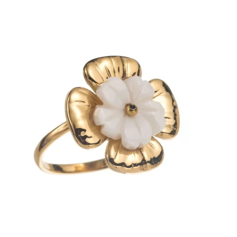 Bague fleur dorée et blanche ajustable en acier inoxydable