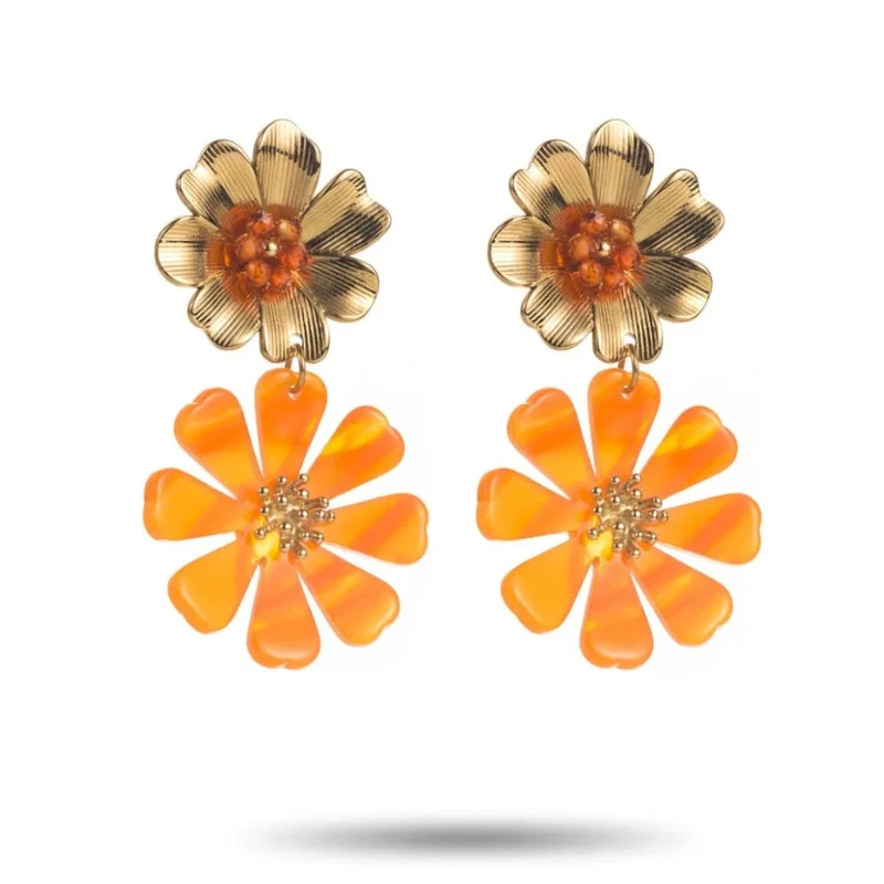 Boucles d’oreilles fleurs orange et dorées acier inoxydable