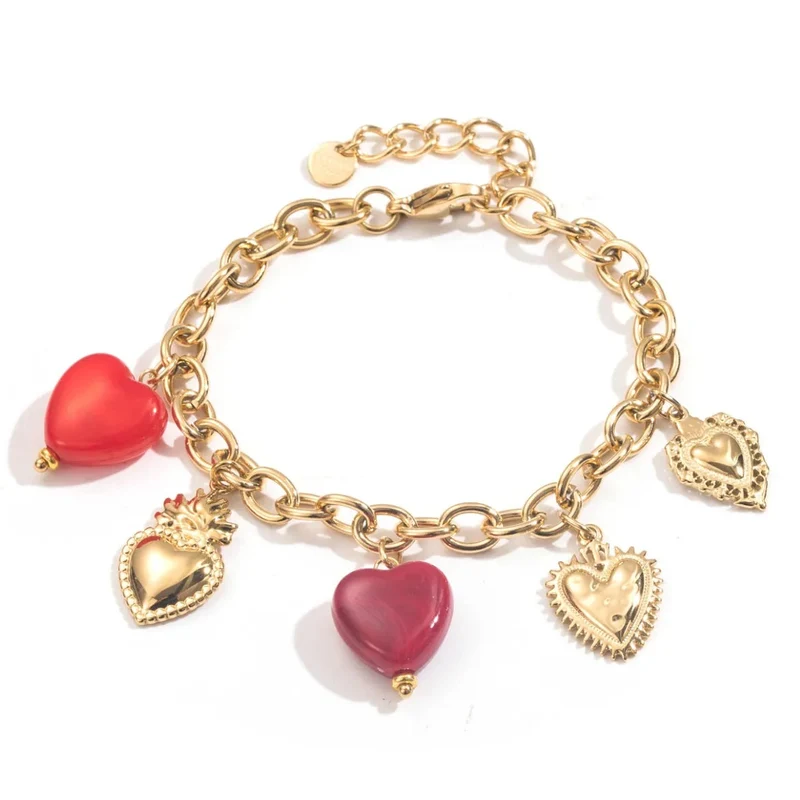 Bracelet charms doré cœurs rouges acier inoxydable