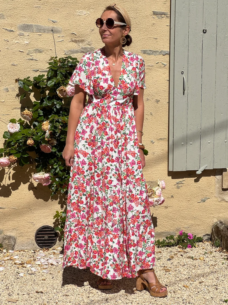Robe imprimé floral orange, rose et vert RANIA In April 1986