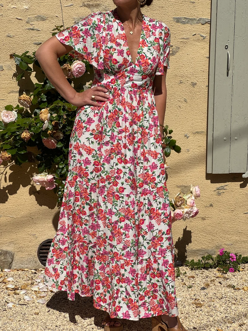 Robe imprimé floral orange, rose et vert RANIA In April 1986