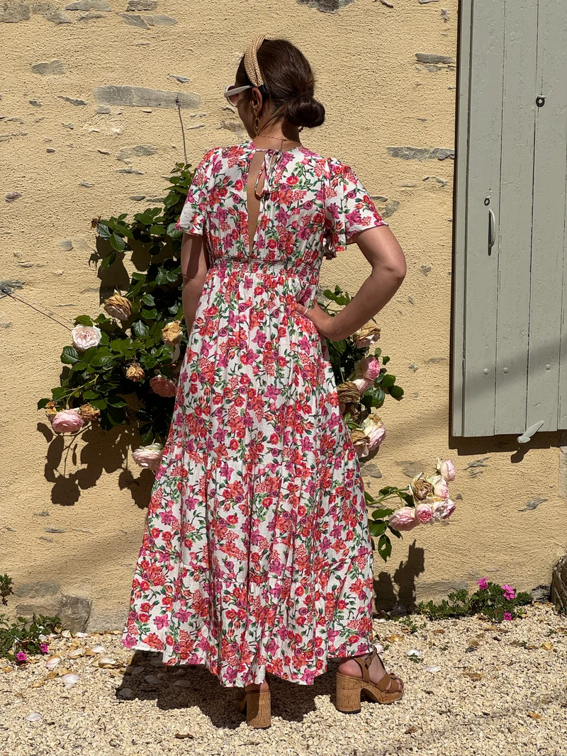 Robe imprimé floral orange, rose et vert RANIA In April 1986