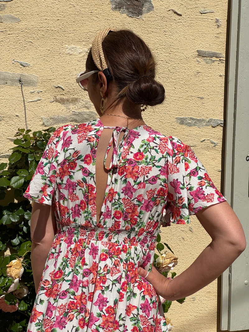 Robe imprimé floral orange, rose et vert RANIA In April 1986