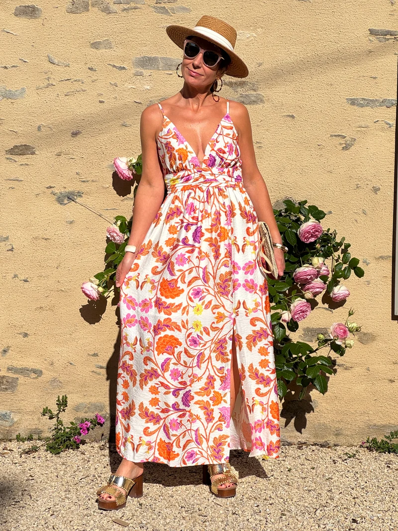 Robe floral orange rose jaune fond beige SALMA In April 1986