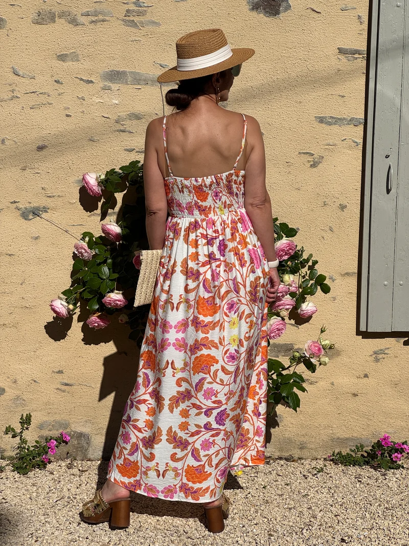 Robe floral orange rose jaune fond beige SALMA In April 1986