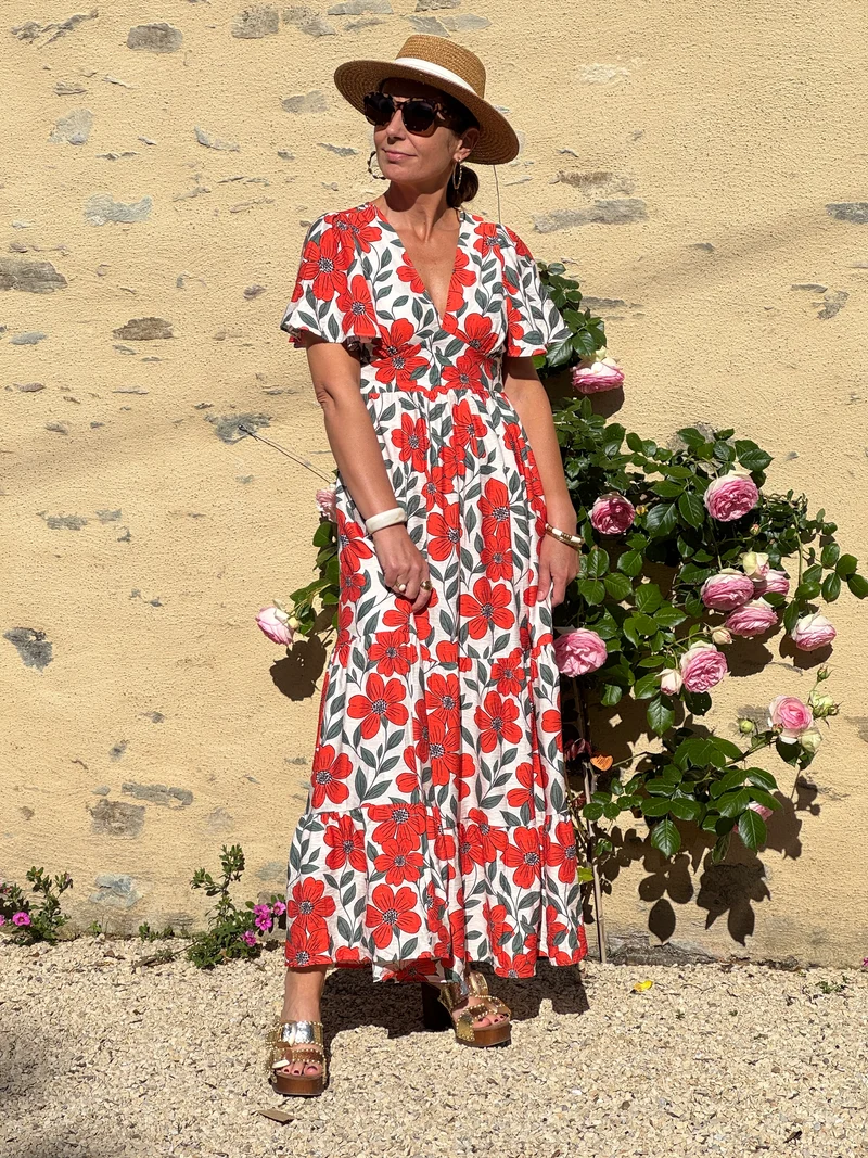 Robe floral orange vert fond beige LAMIA In April 1986