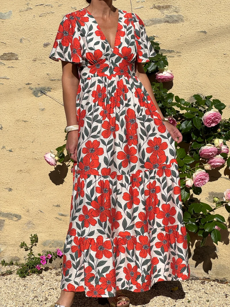 Robe floral orange vert fond beige LAMIA In April 1986