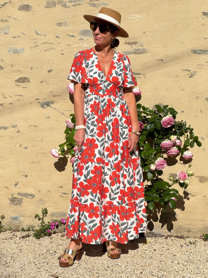 Robe floral orange vert fond beige LAMIA In April 1986