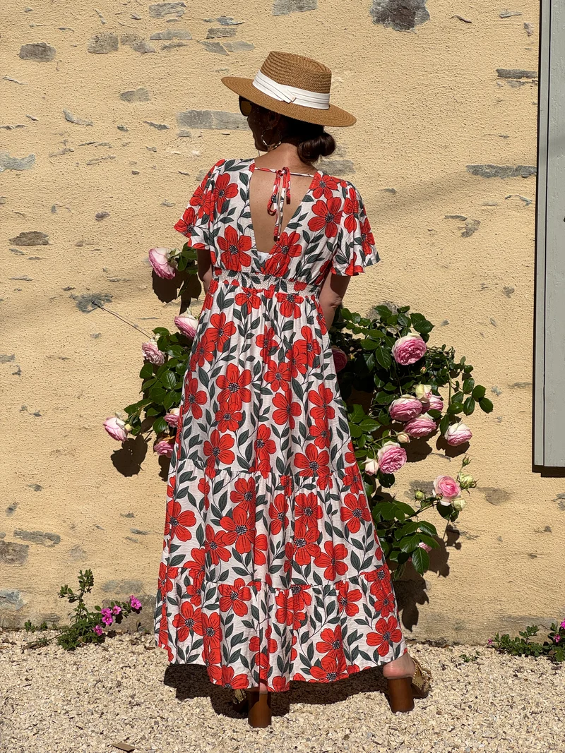 Robe floral orange vert fond beige LAMIA In April 1986