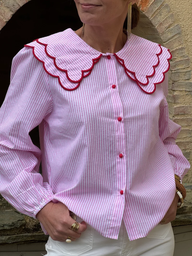 Chemise rayures tennis rose blanc volants col CAMOMILLE