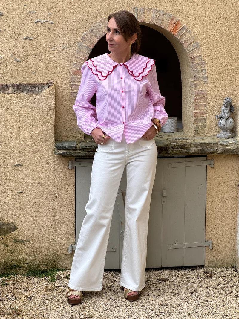 Chemise rayures tennis rose blanc volants col CAMOMILLE
