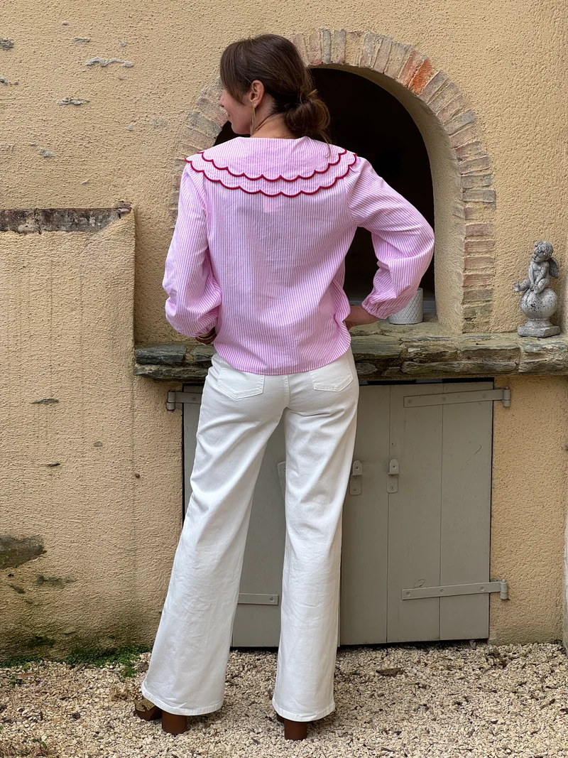 Chemise rayures tennis rose blanc volants col CAMOMILLE