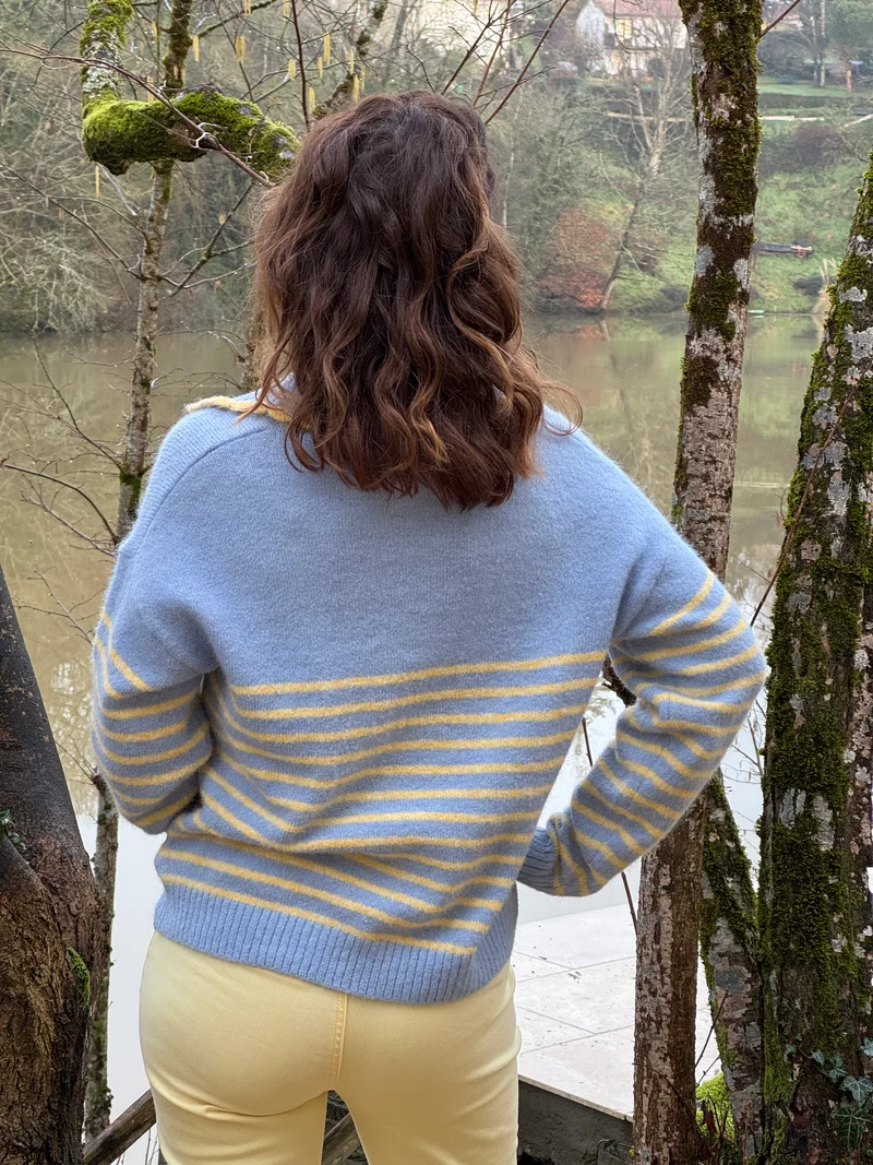Pull bleu et jaune col V camionneur LAURE