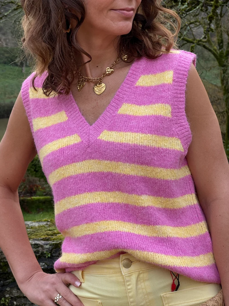 Pull marinière jaune fuchsia sans manches KATIA