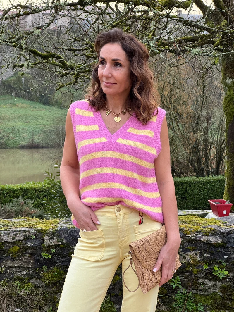 Pull marinière jaune fuchsia sans manches KATIA