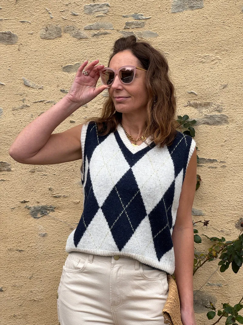 Pull écru marine sans manches col V ARSENE