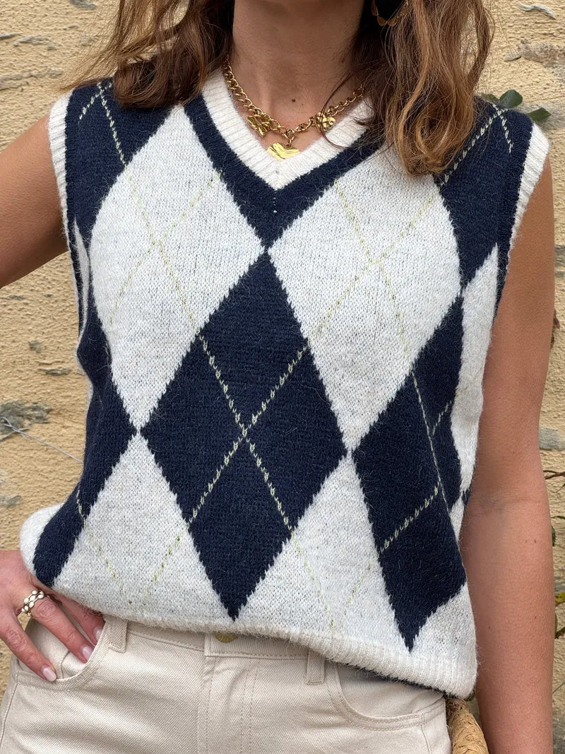 Pull écru marine sans manches col V ARSENE