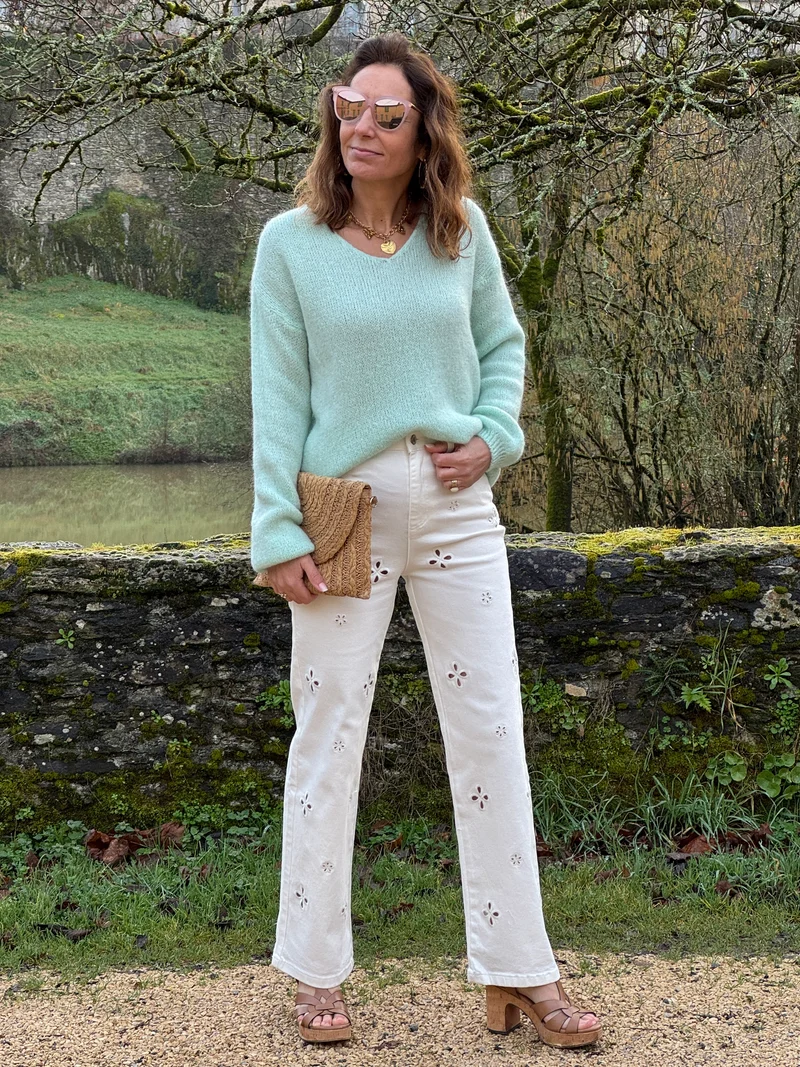 Pull vert en maille col V NADEGE
