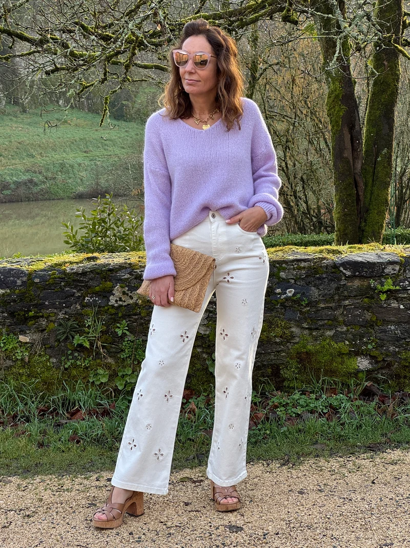 Pull lila en maille col V NADEGE