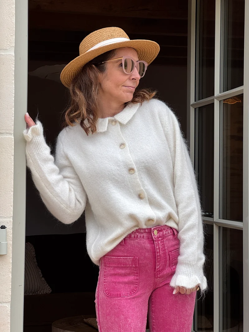 Gilet blanc col rond froufrou SONIA