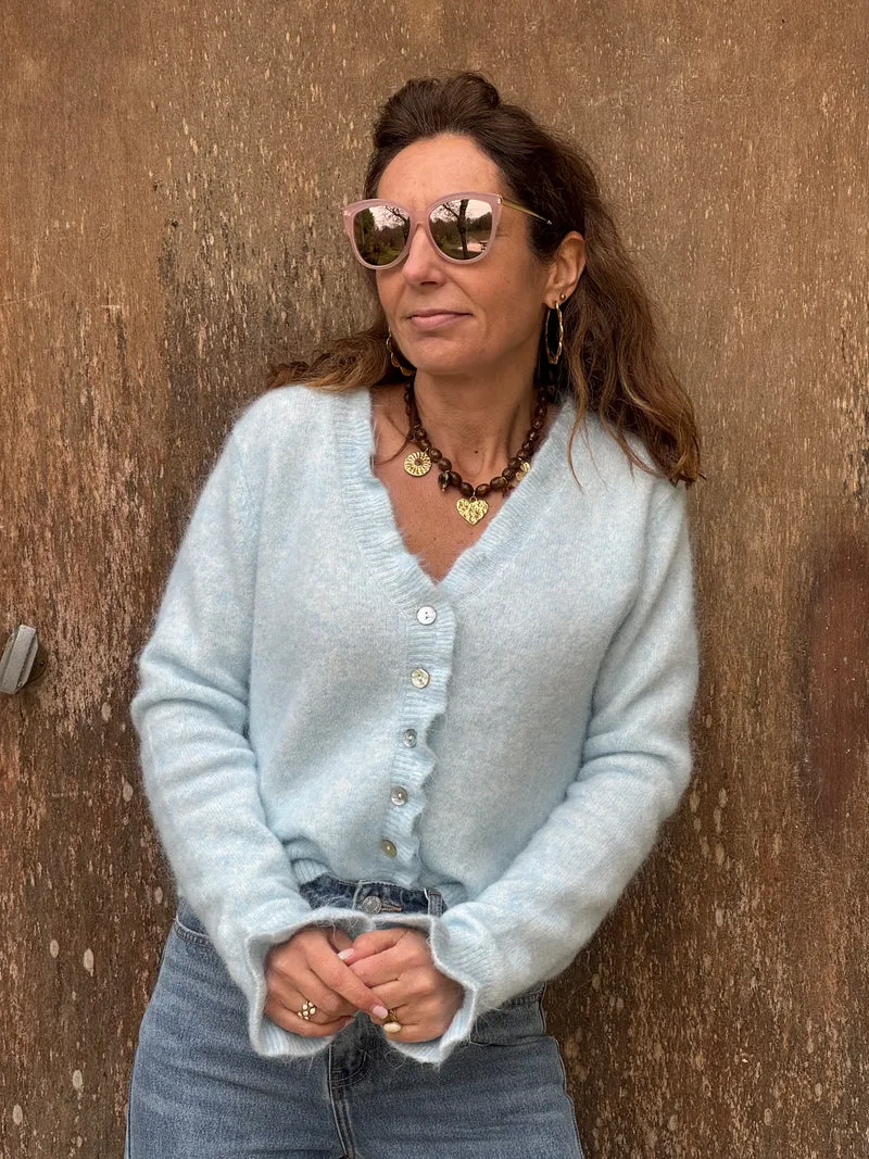 Gilet bleu col V froufrou CLAUDINE