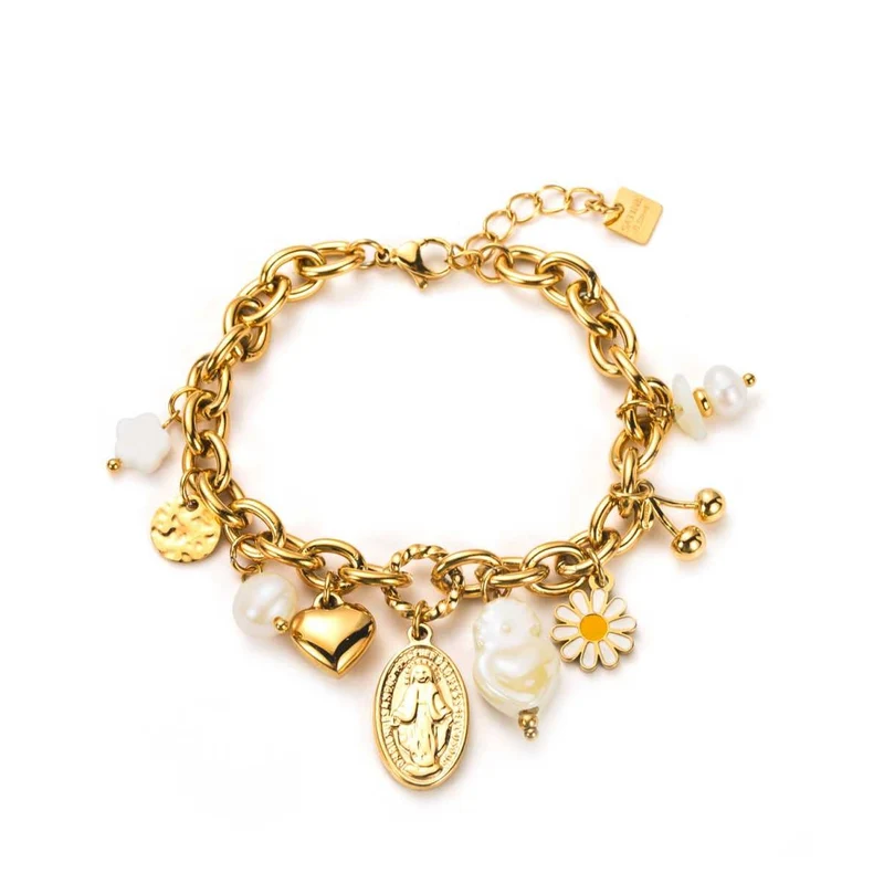 Bracelet charms doré & nacre acier inoxydable