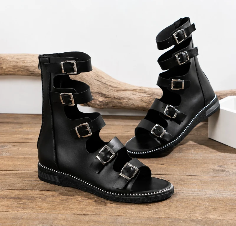 Black Gladiator Sandal with Multiple Buckle Closures