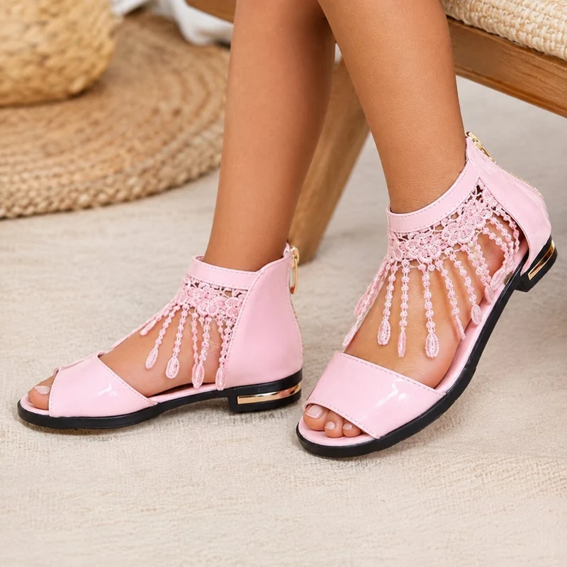 Girls' Low Heel Sandals with Pink Tassels