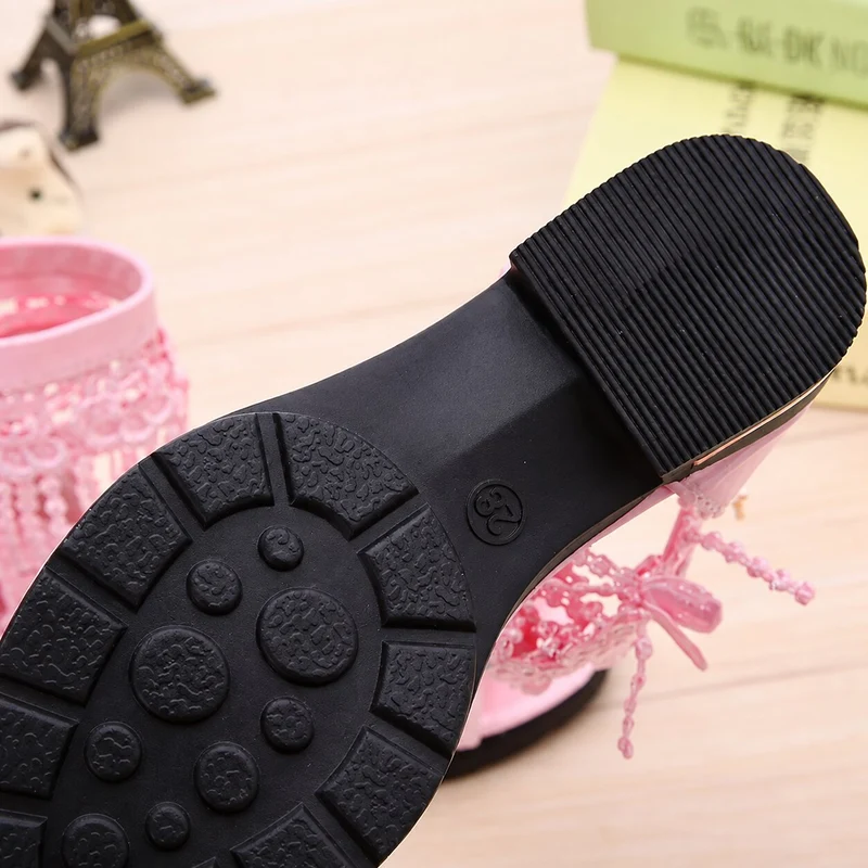 Girls' Low Heel Sandals with Pink Tassels