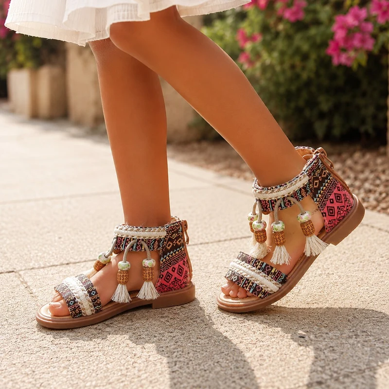 Girls' Tassel Sandals with Zipper Closure