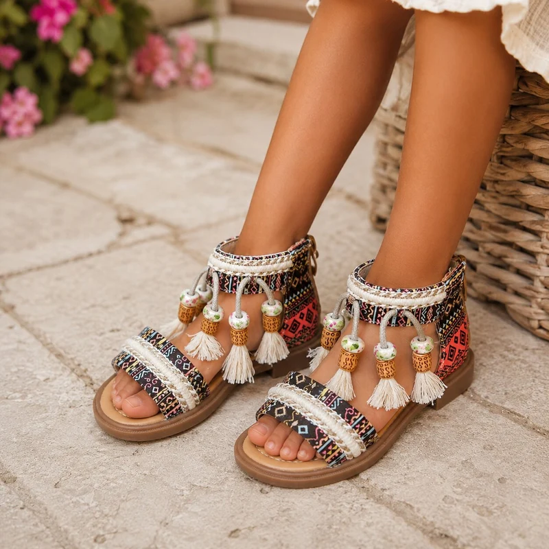 Girls' Tassel Sandals with Zipper Closure