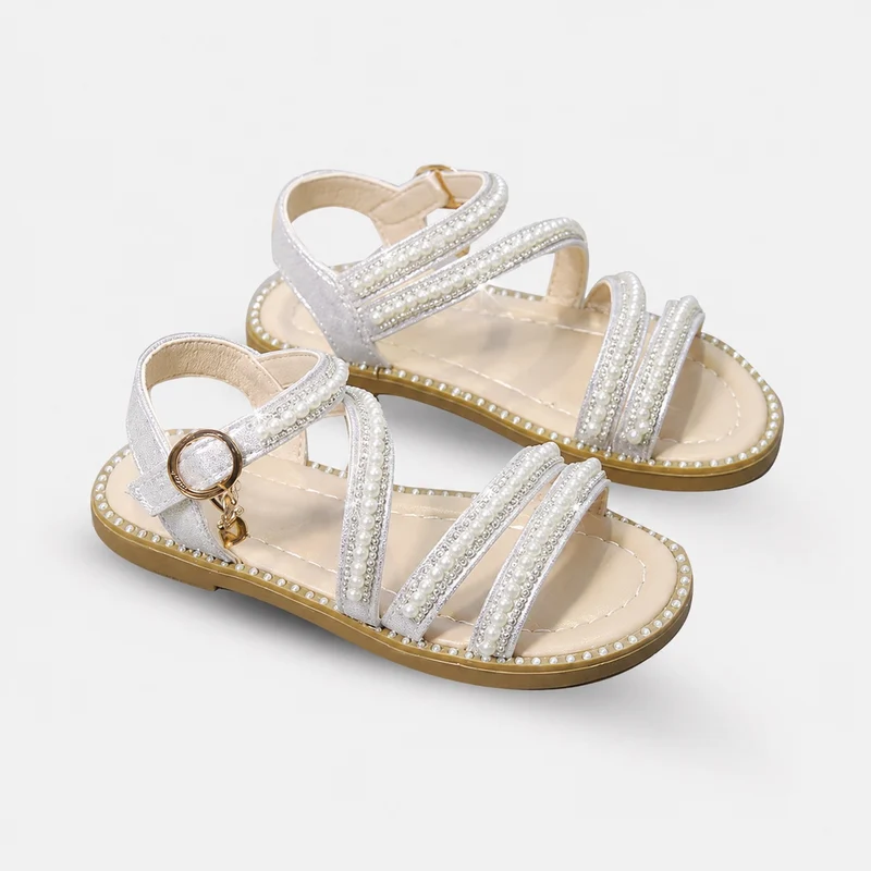 Girl's Sandal with White Straps and Shiny Pearls