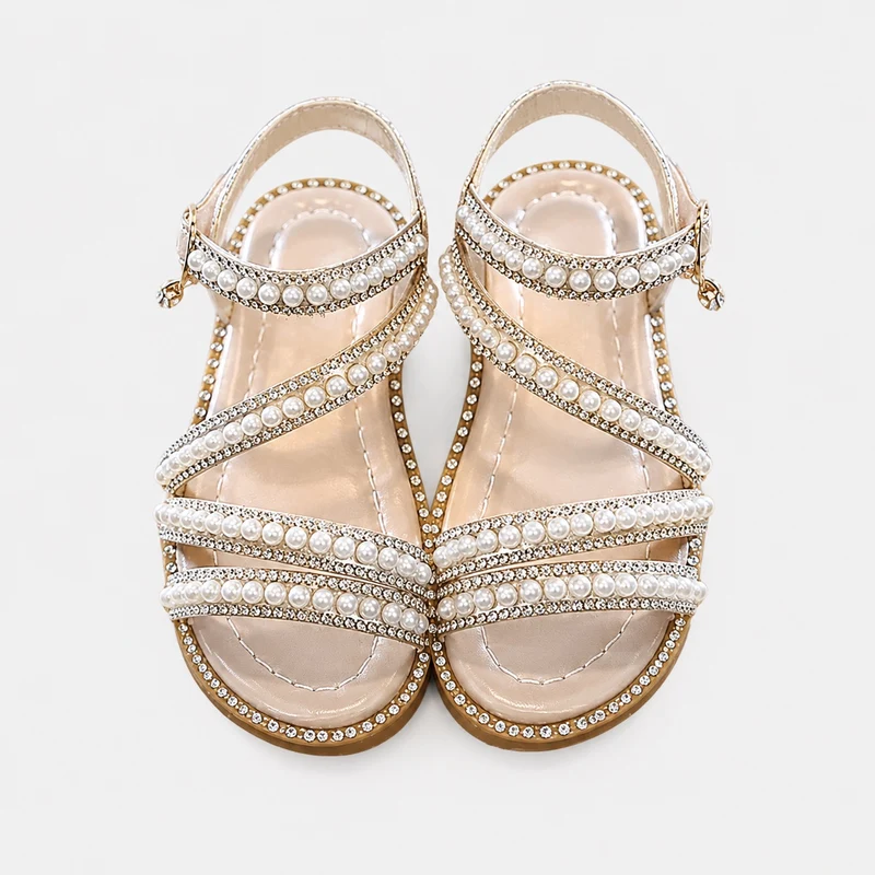 Girl's Sandal with White Straps and Shiny Pearls