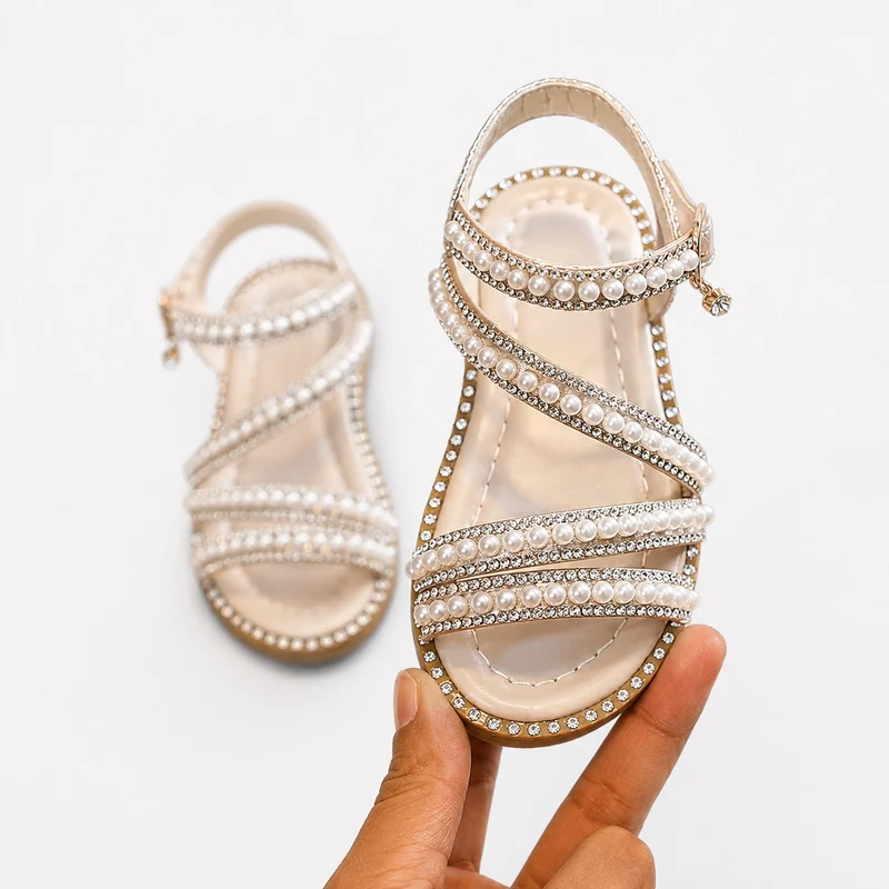 Girl's Sandal with White Straps and Shiny Pearls