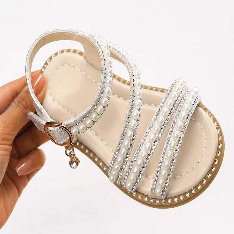 Girl's Sandal with White Straps and Shiny Pearls