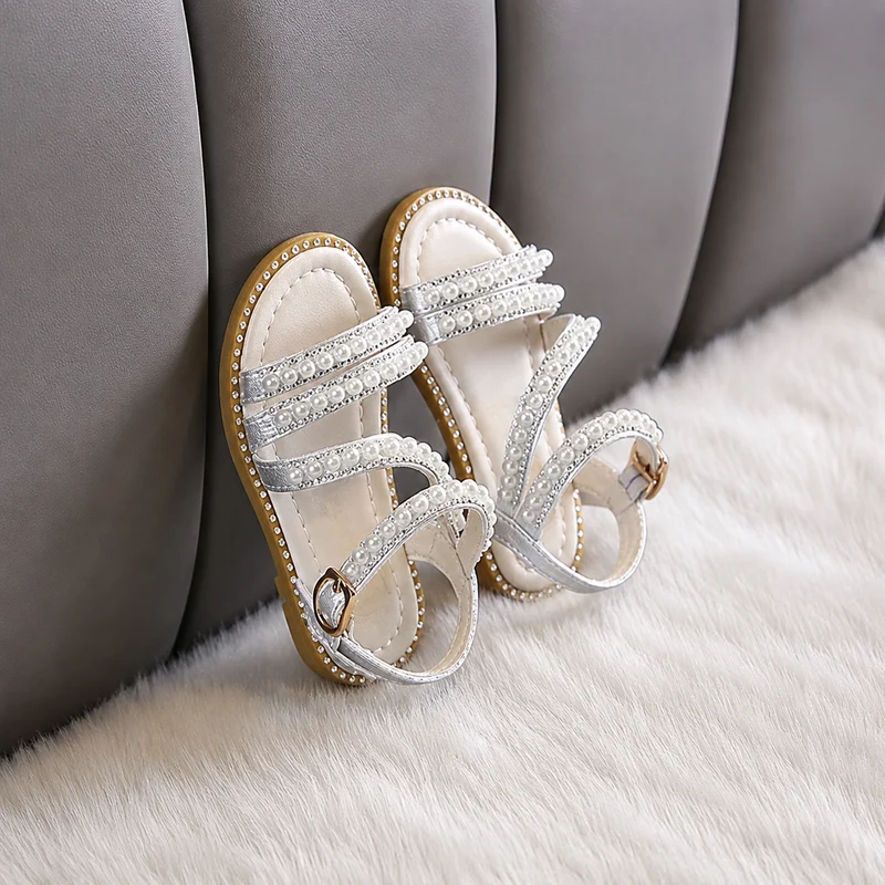 Girl's Sandal with White Straps and Shiny Pearls