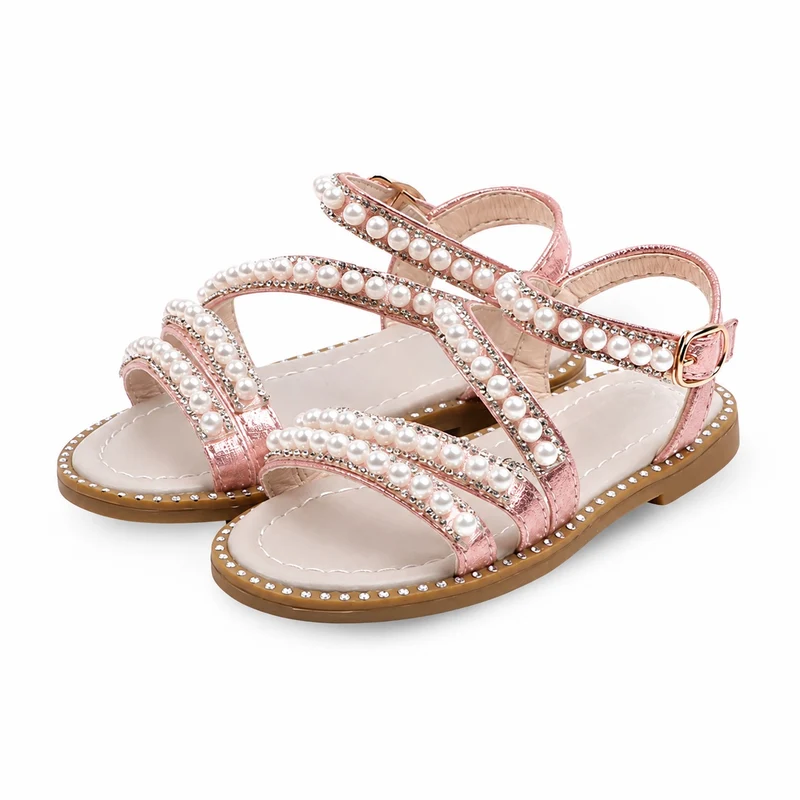 Girls' Sandals with Pink Straps and Shiny Pearls